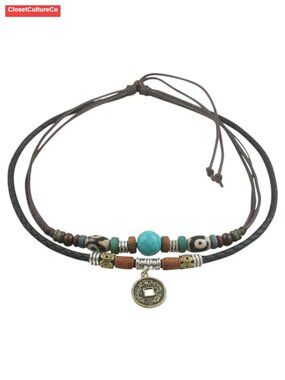 Boho Hemp Leather Choker Necklace Turquoise Bead Pendant Adjustable